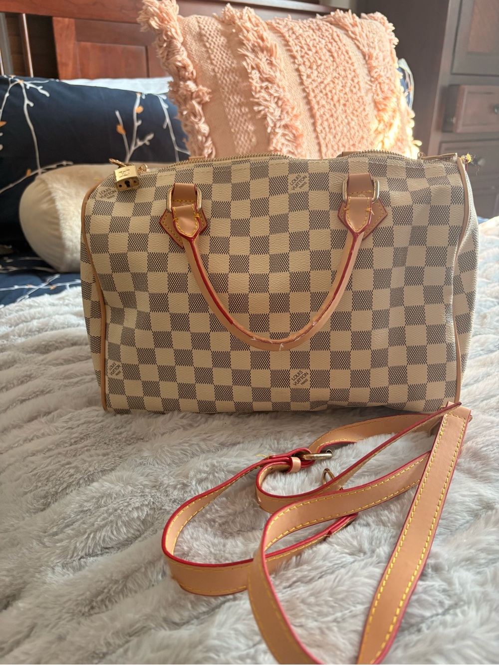 Designer-Inspired Beige Checkered Satchel Handbag - Cream/Tan